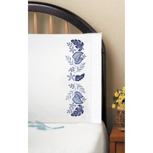 Blue Leaves Pillowcase Pair Stamped Embroidery Kits  |   Needlework Craft Needlework