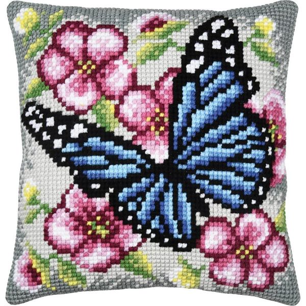 Butterfly & Flowers Needlepoint Cushion  |   Needlework Craft Needlework