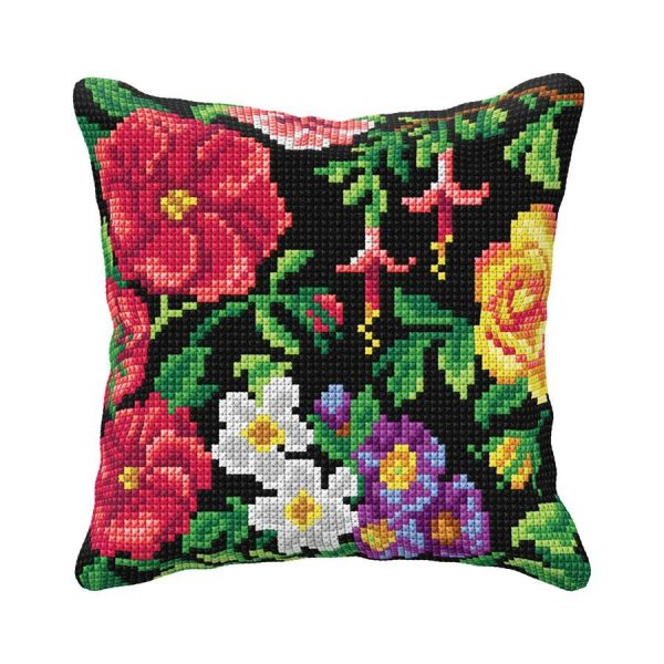 Flowers On Black Needlepoint Cushion  |   Needlework Craft Needlework