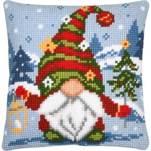 Gnome With Lantern Needlepoint Cushion  |   Christmas Christmas Christmas