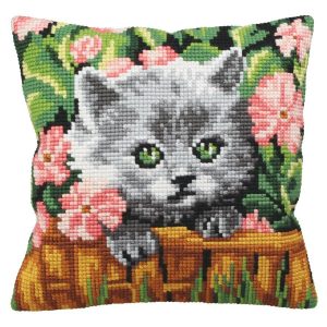 Kitten & Flowers Needlepoint Cushion  |   Needlework Craft Needlework