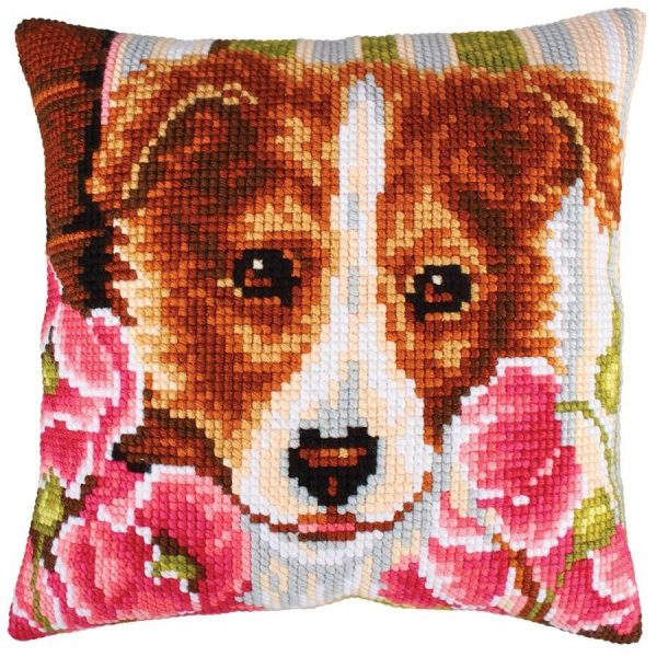 Puppy & Flowers Needlepoint Cushion  |   Needlework Craft Needlework